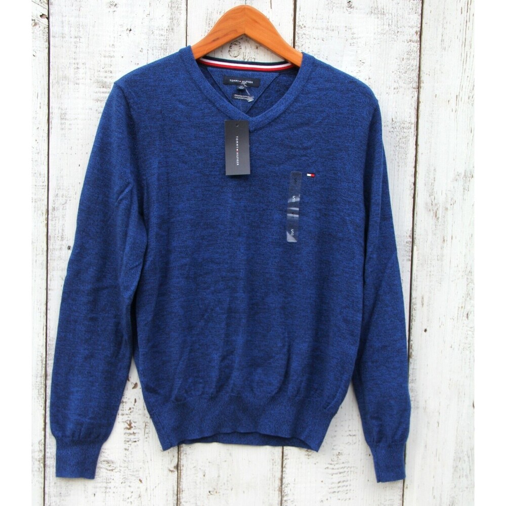 TOMMY HILFIGER Men Size Small Blue V-Neck Long Sleeve Sweater  NEW